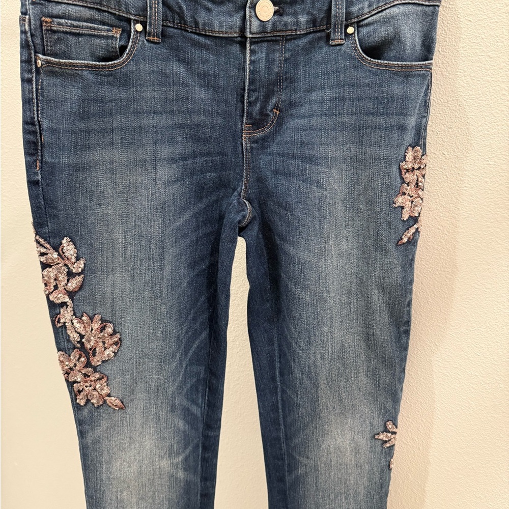 White House Black Market Blue Jeans with Pink Embroidery